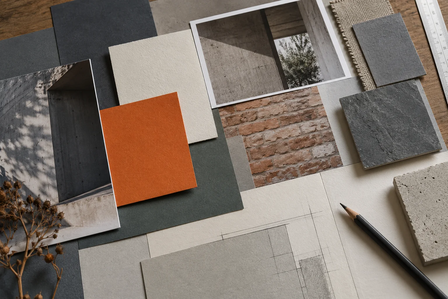 Slate, chalk and orange paper swatches beside architectural reference images
