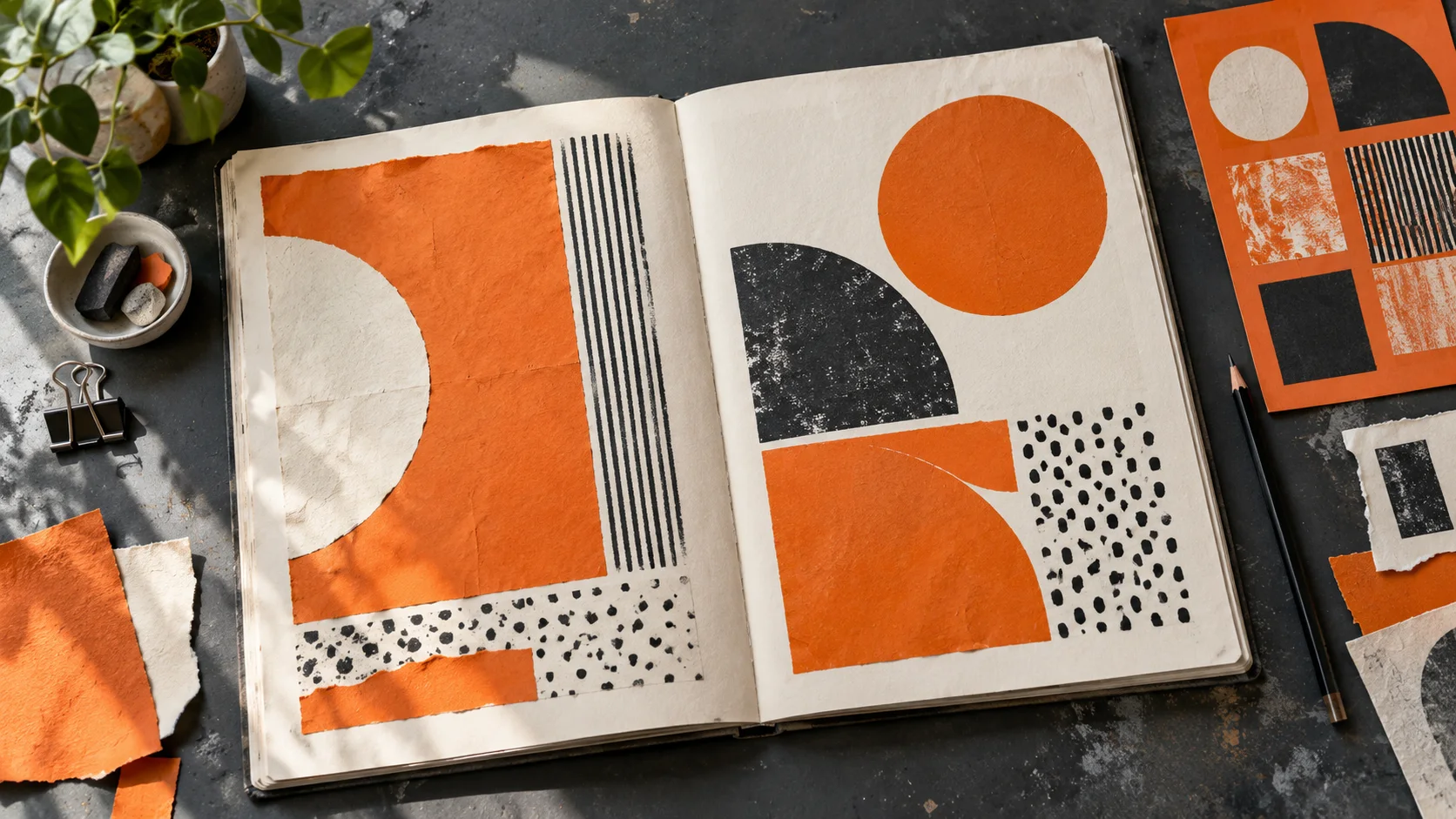 Paper design studies, an open sketchbook and orange colour swatches on a charcoal worktable